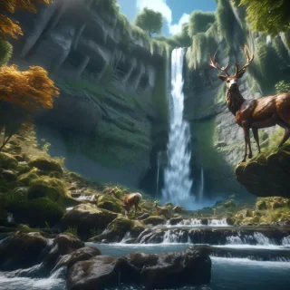 Splendide Waterfall, some trees, some litte rocks, a stag, a deer,, Amazing breathtaking picture, THX Sound, God polished pixels, I Can’t believe how beautiful this is!!! Hyper ultra intricate 64k resolution, 35mm, Unreal Engine, UHD, I SAID ULTRA!! Hyperphotosensitivity, Phase One XF IQ4 150MP with